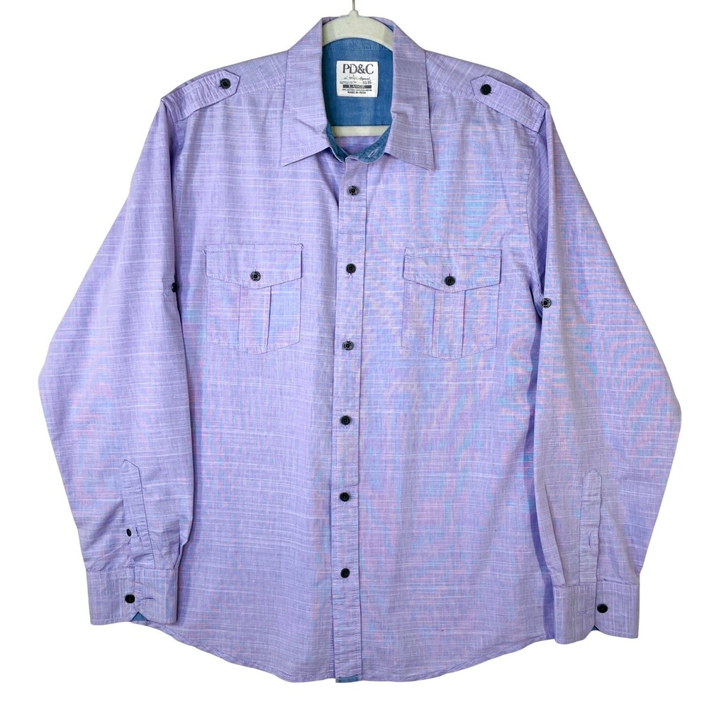 PD&C Mens Large Lavender Textured Button Front Shirt Roll Tab Epaulettes